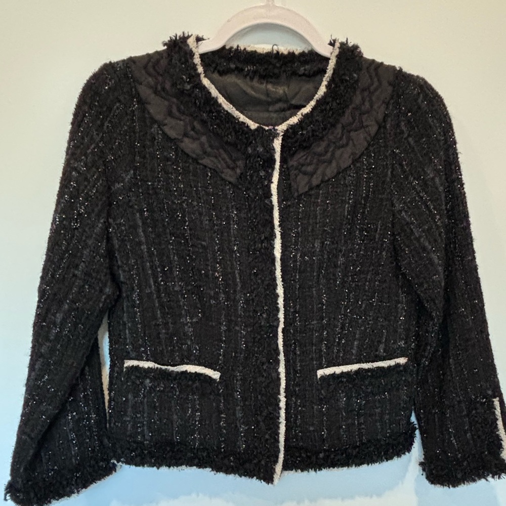 Pink Tartan Blazer bomber cardigan Black tweed sz S snap hidden buttons pockets